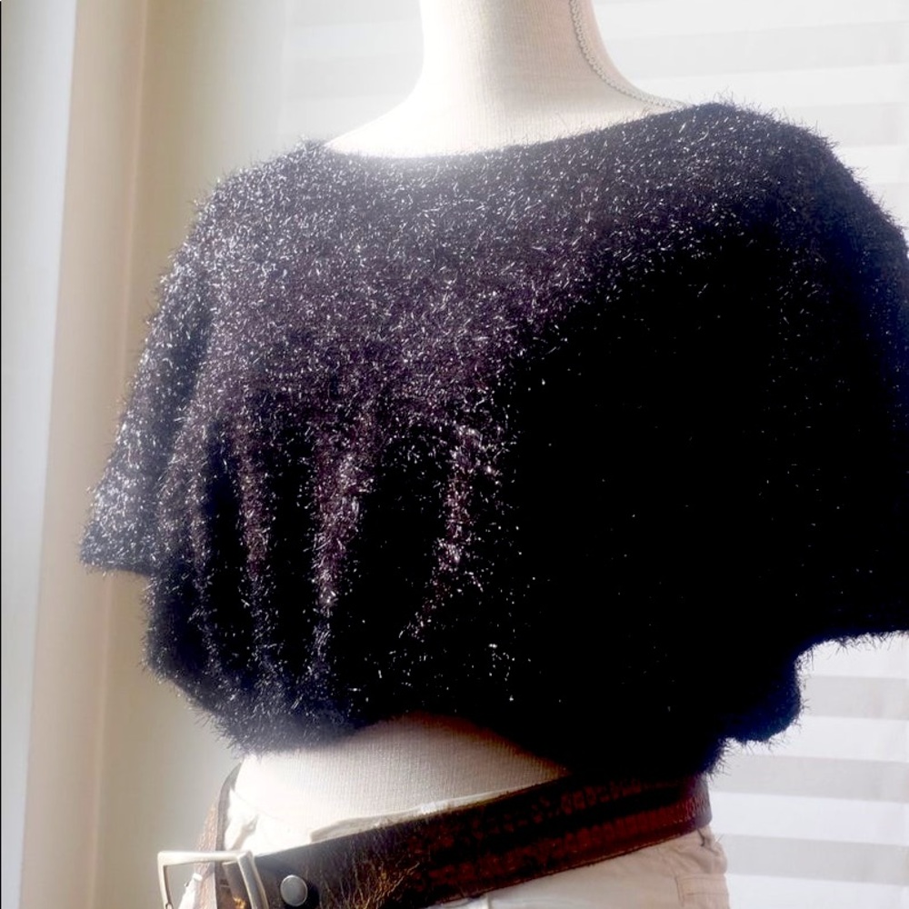 Vtg 80s Fluffy Sparkly Black & Silver Crop Sweater